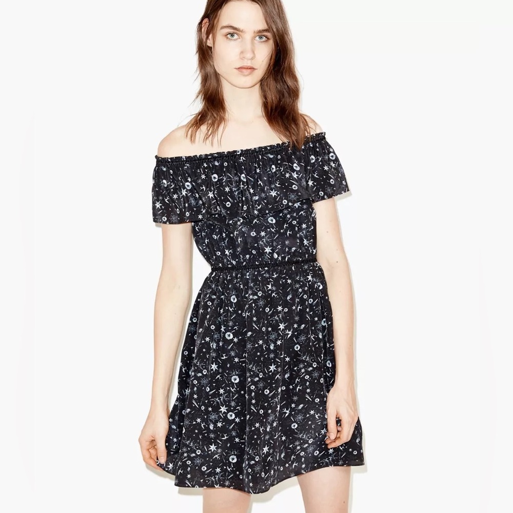 The Kooples Off the Shoulder Silk Dress Tattoo Print star Black Size XXS